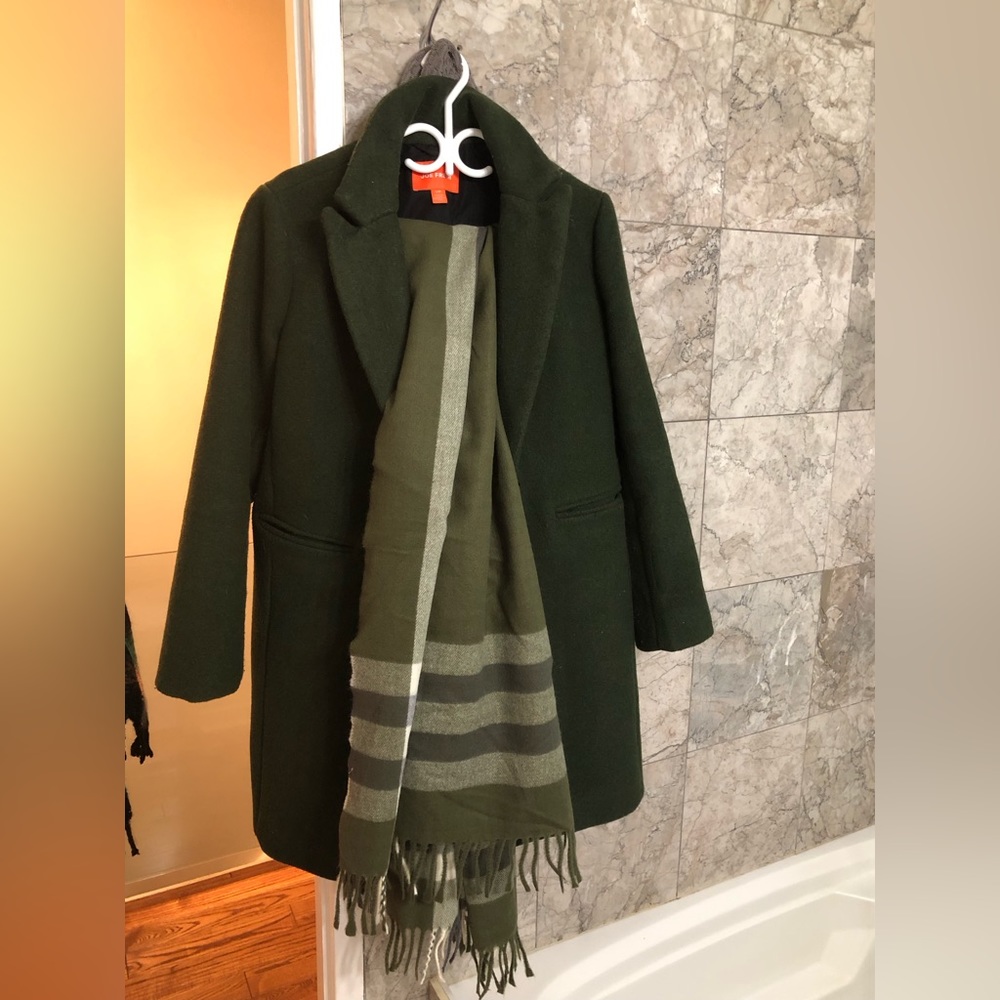 Green wool like coat with plaid scarf